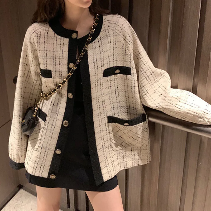 

2019 Women Fashion Coat Autumn Winter Thin Checkered Tweed Casual Loose Plaid Jacket Outerwear Preppy Style Free Shipping