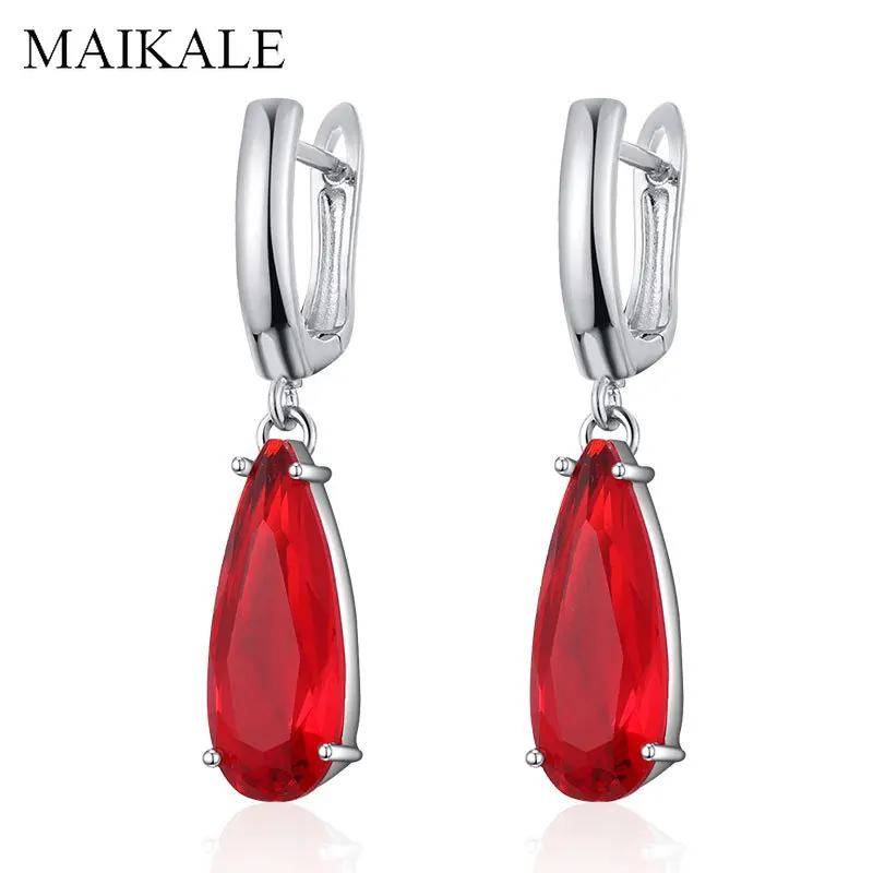 Женские сережки капли MAIKALE вечерние из фианита зеленого синего и красного цвета с