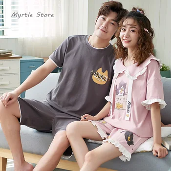 

2020 Korean summer couple pajamas set cotton swanky women homewear cute loose couple suit men 20% off the second item MYRTLE