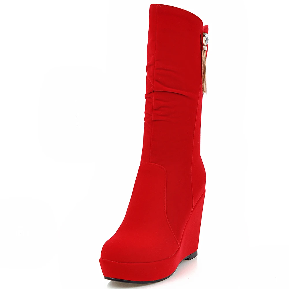 Sarairis Dropship Hot new arrivals Wedge High Heels Mid Calf Boots Woman Shoes Zip Up Platform Shoes Women Boots - Цвет: Красный