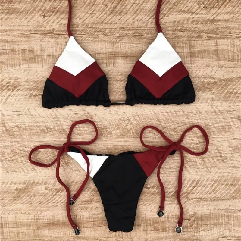 

Women Floral Print Bikinis Sexy Striped Patchwork Swimsuit New Triangle Bandage Swimwear Bathing Suit Brazilian Tassel Beachwear