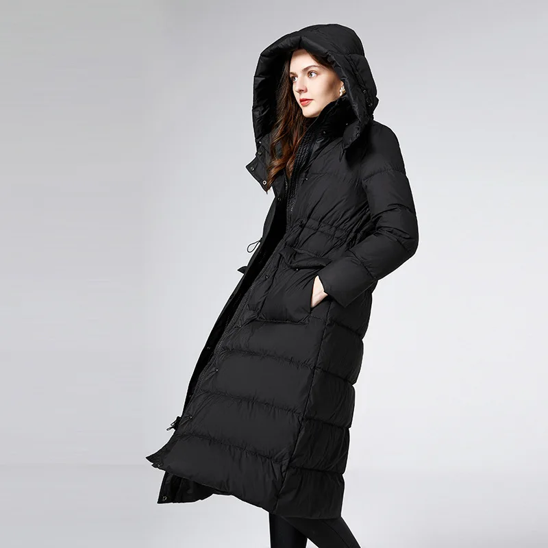 Down Jacket Women Mid-length Winter New Style Waist Hooded White Duck Down Thickened Ladies Jacket