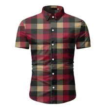 

New Red Plaid Shirt Men Summer Brand Classic Short Sleeve Dress Shirt Casual Button Down Office Workwear Chemise Homme S-3XL