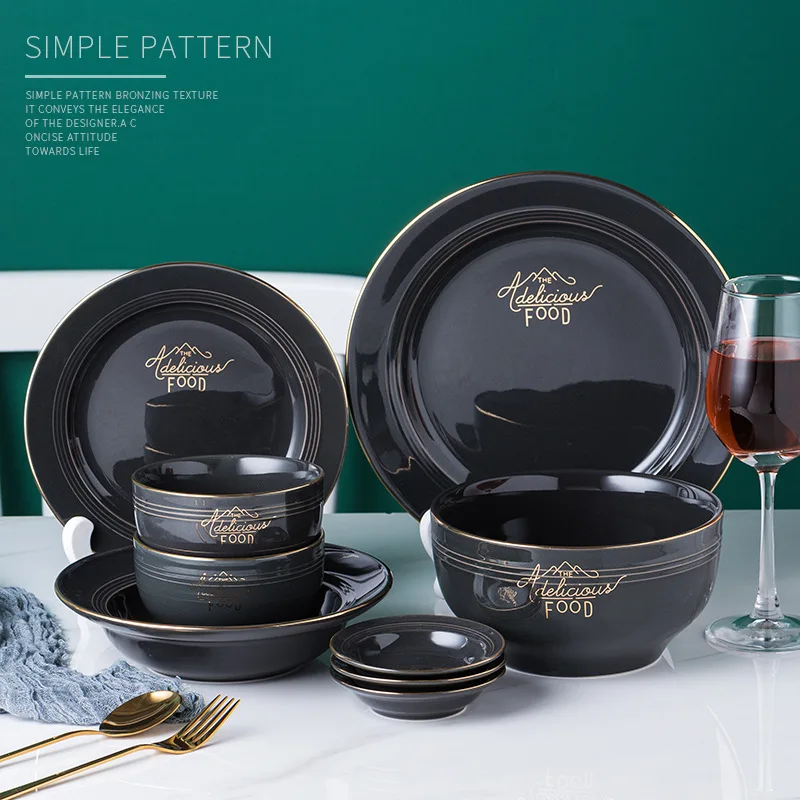Высокая мода набор посуды черный золотой современный керамический набор посуды миска тарелка миска вилка ложка нож набор столовых приборов