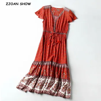 

2020 BOHO Open Button V neck Floral print Bohemia Dress RED Summer Woman Short Sleeve Tassel Strappy Maxi Long Dresses Holiday