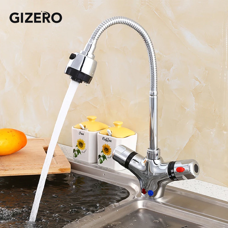 GIZERO Thermostatic Faucet Kitchen Pull Down Mixer Flexible Hot and Cold Temperature Control Deck Mounted Sink Faucet ZR986