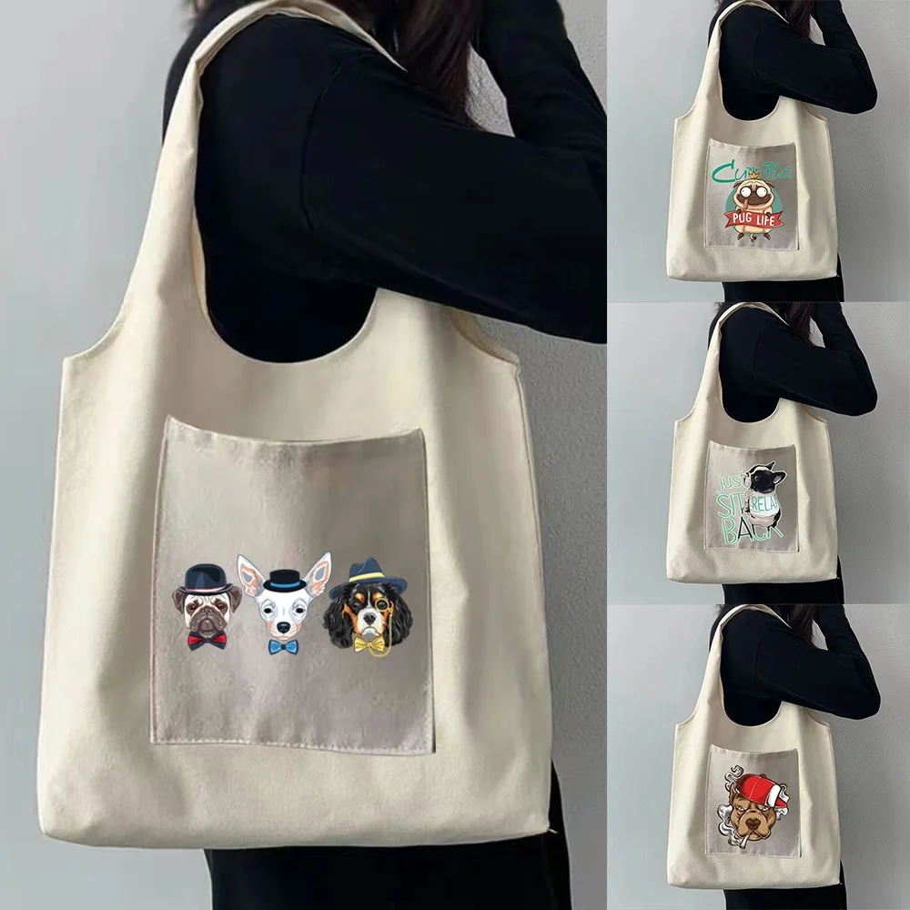 Large-capacity Shopping Bag Ladies Travel Washable Cute Puppy Print Pocket Storage Debris Portable Messenger Shoulder Bags