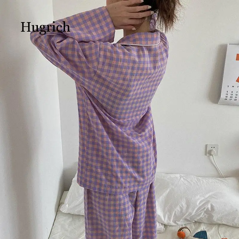 Autumn Pajama Sets Ulzzang Plaid Preppy Long Sleeve Soft Lovely Girls Nightwear Loose Trendy Daily Chic 2 Piece Womens Sleepwear