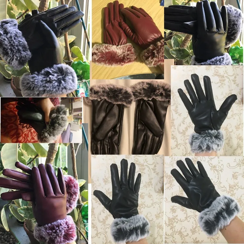Женские утепленные зимние перчатки, модные, теплые, утолщенные, элегантные, из искусственной кожи, высокое качество, искусственный мех, на запястье, теплые женские кожаные перчатки