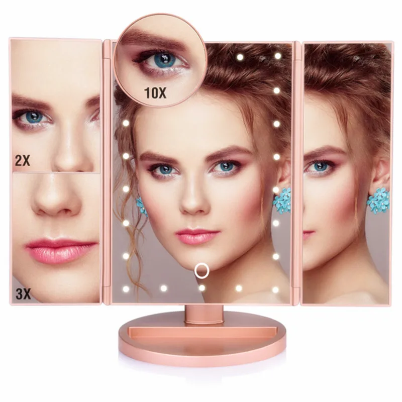 pink enlargement Светодиодный сенсорный экран косметическое зеркало дамское домашнее настольное трехстороннее складное зеркало с ночным светильник косметическое зеркало высокого разрешения - Цвет: pink enlargement