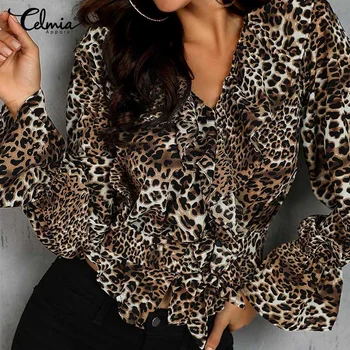 

Celmia Top Fashion Women Summer Ruffles Blouses Vintage Leopard Print Shirt 2020 Sexy V-neck Tunic Tops Flare Long Sleeve Blusas
