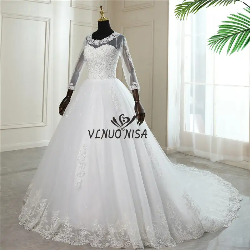 wedding dresses Real Video New Vintage O Neck Plus Size Wedding Dress with Sleeve Simple Long Train Lace Embroidery Bridal Gown Vestido De Noiva traditional wedding dresses