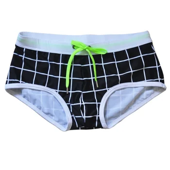 

Men Plaid Print Low Waist Shorts Slim Fashion Drawstring Briefs Swim Trunks