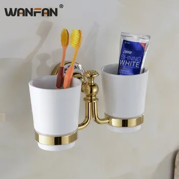 

Classic Gold Bathroom Double Cup Holder Toothbrush Brass Ceramic Wall Mounted Cup Holder Decorative Cup Tumbler Holders XE3387