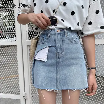 

SparkDora Spring And Summer 2020 College Girl Fashion Irregular montage trimmings Design Sense Denim Skirt