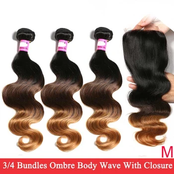 

Indian Body Wave Bundles With Closure Ombre 1B 4/27/30 Human Hair 3/4 Bundles With 4x4 Swiss Lace Closure Remy Hair Extensions