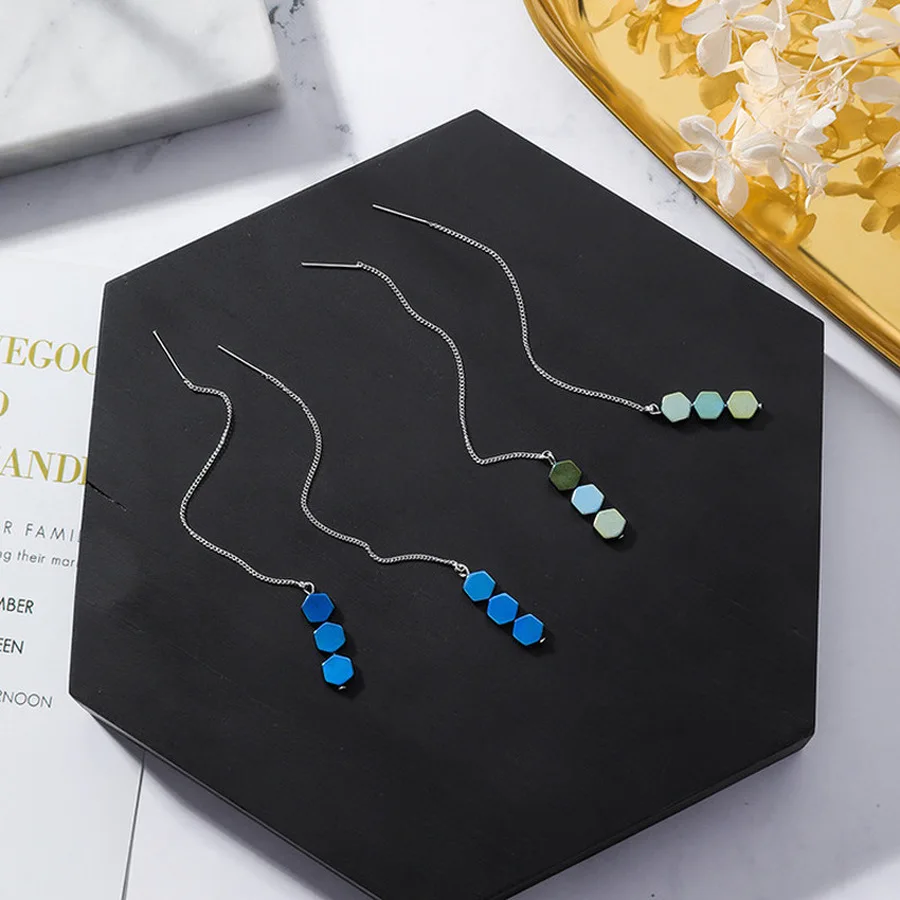

2019 New Korean Girl Simple Minimalist Long Small Cute Earrings Fresh Geometry Hexagon Ear Line for Women Jewelry Accessories