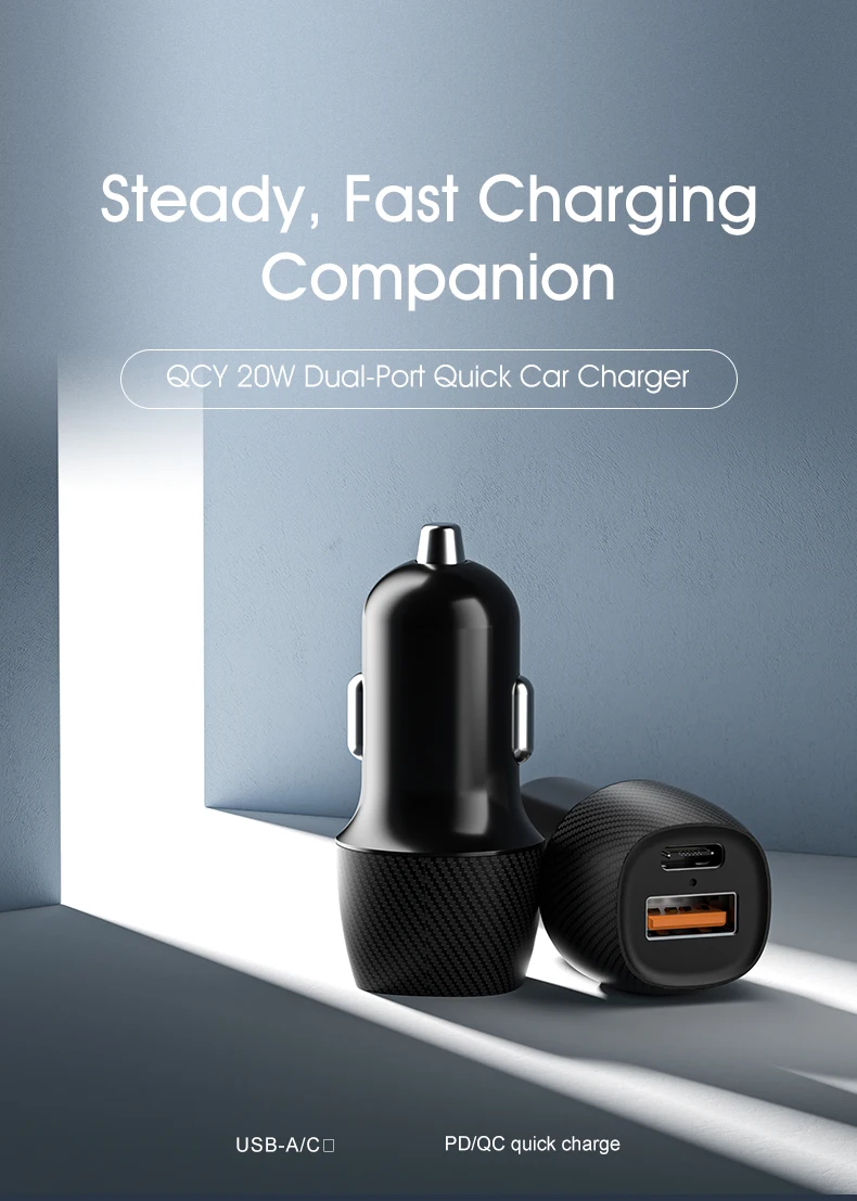 QCY 20W Car Charger Dual Port USB Mini Car Charger PD QC Quick Charge USB-A USB-C Car Adapter for iOS Android CR05