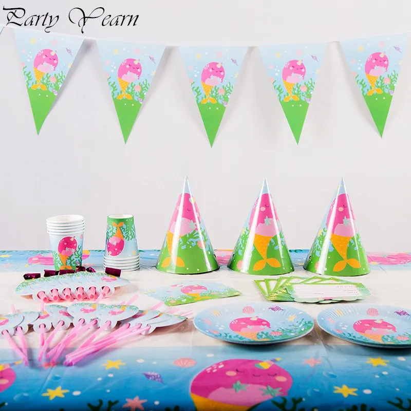 

1set cute Whale narwhals Theme Paper Plates Cups Birthday Party Dishes Kids Favors Decoration Tableware Baby Shower Supplies