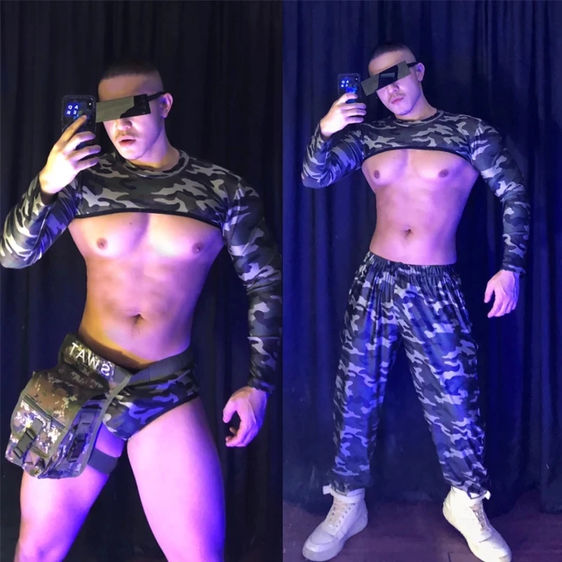 

Muscle Male Sexy Camouflage Outfits Half Tops Shorts Stage Wear Nightclub Bar DJ Pole Dance Clothes Party Rave Clubwear Costume