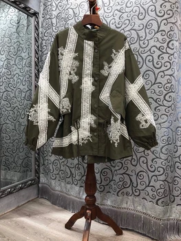 

2020 Early Autumn New Women's Lace Embroidery Color Matching Stitching Long Sleeve Loose Coat 801