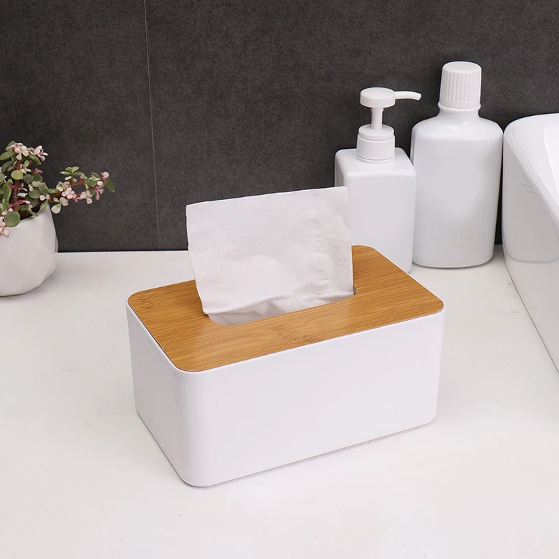 Tissue Storage Box Case Mobile Phone Holder with Wooden Lid for Home