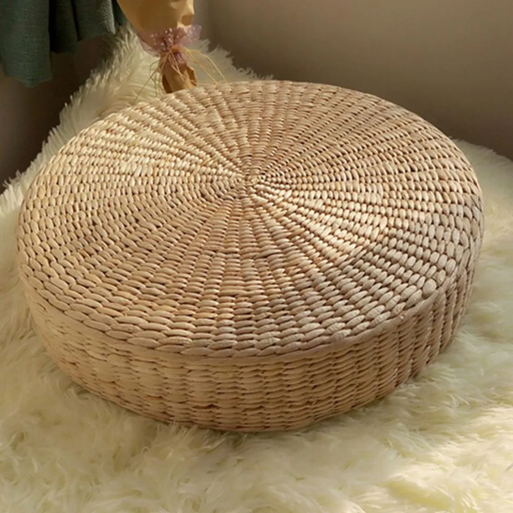 

New 40cm*40cm Natural Straw Round Pouf Tatami Cushion Weave Handmade Pillow Floor Japanese Style Cushion with Silk Wadding