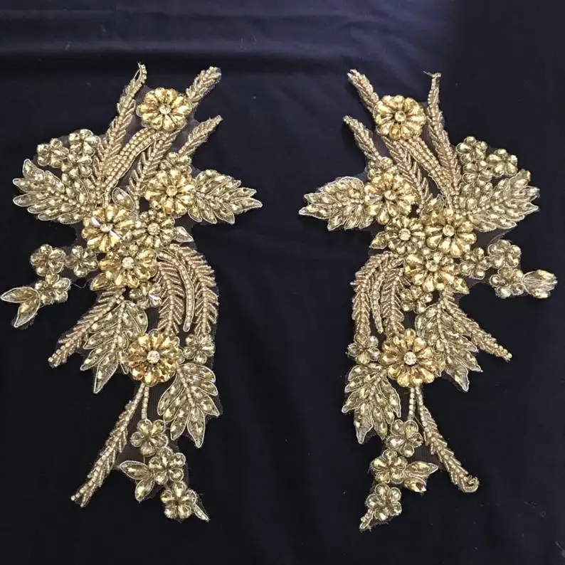 1 pair gold Зеленая роскошная аппликация со стразами и бусинами с 3D искусственным цветком для моды - Цвет: 1 pair gold