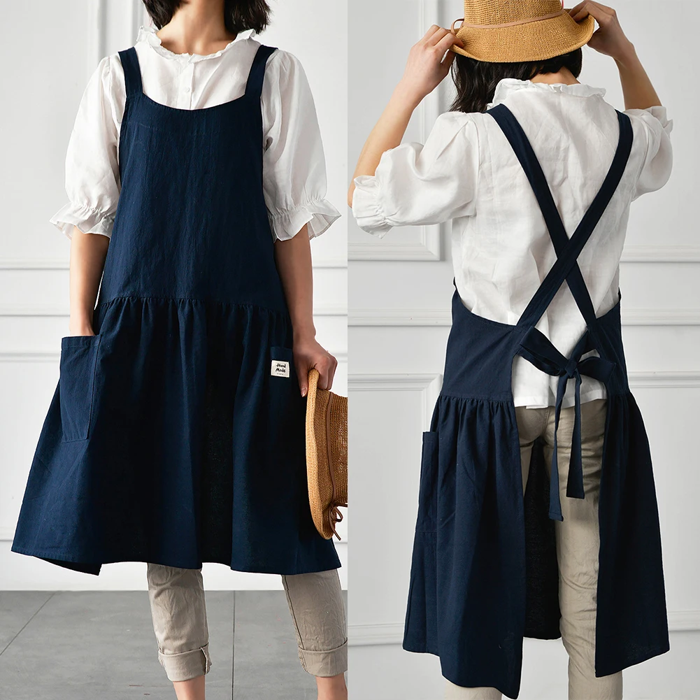 Women Antifouling Cross Back Pockets Cooking Baking Apron Dress Work Clothes Household Cleaning Tools Aprons Pockets Cross Back