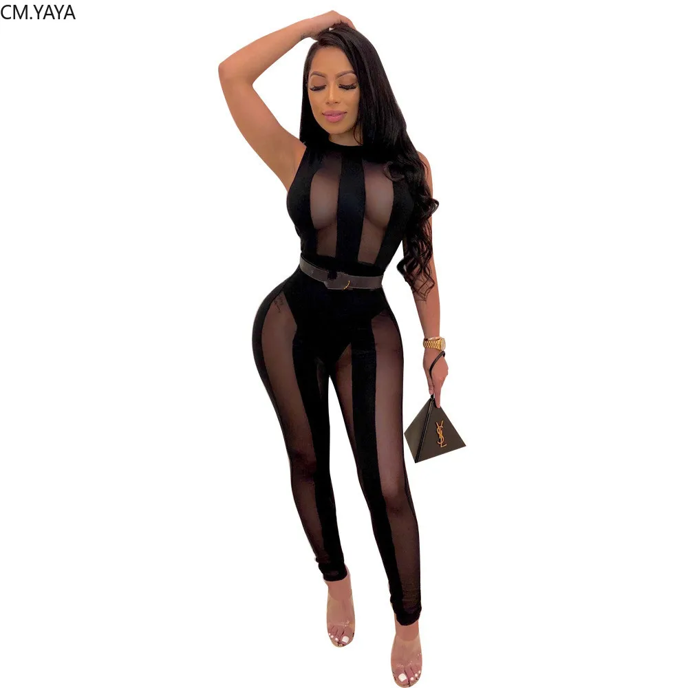 

2019 women Mesh hollow out sleeveless skinny bodycon jumpsuit Black perspective sexy night club party romper playsuit K8814