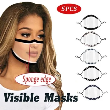 

5Pcs Visible Lip Face Mask Printed Lace Face Shield Washable Reusable Breathable Protective Mascarillas Transparent Masques