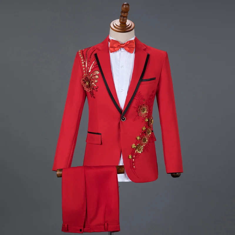 red and red Красные алмазные Цветочные мужские свадебные костюмы, мужские костюмы, 3 предмета, блейзер+ брюки+ галстук-бабочка, модный смокинг, мужской костюм, сценический костюм, Homme - Цвет: red and red