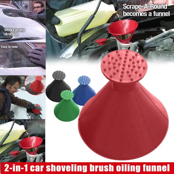 2 In 1 Tool Oil Funnel Round Ice Scraper Car Windshield Scraper Snow Remover Brush E2S