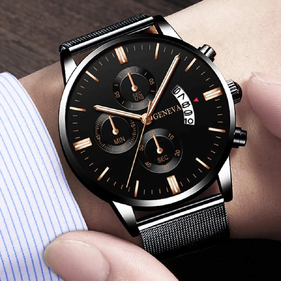 Fashion Mens Sports Watches Luxury Men Stainless Steel Mesh Belt Watch Male Business Quartz Wristwatch Leather Bracelet Clock