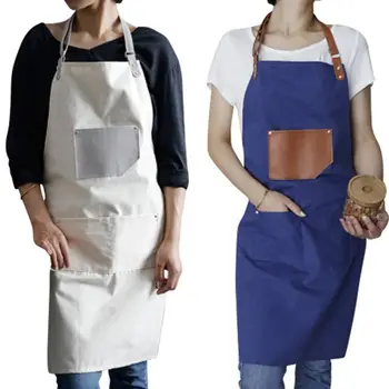 

2pcs Barber Fashion Canvas Cotton Aprons for Women Men Adjustable Leather Strap Apron - blue & gray