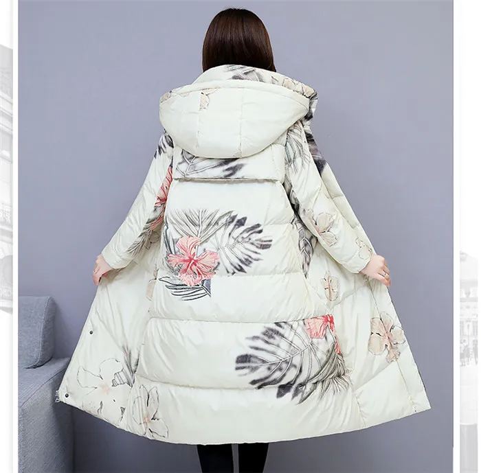 Women warm cotton jacket small fresh long cotton print coat with hood winter jacket womens slim long sleeve parka Overcoat G83