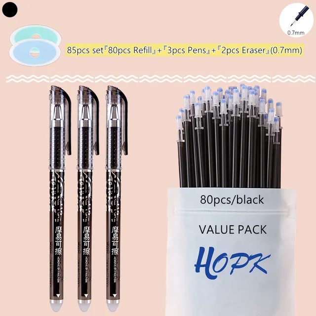 85Pcs/Set Blue Black Ink Gel Pen 0.5mm Erasable Refill Rod Erasable Pen Washable Handle School Writing Kawaii Stationery Gel Pen 0.7mm Black set B