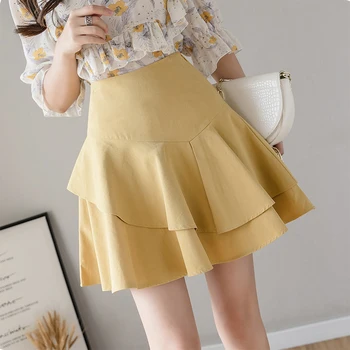 

Preppy Style High Waist Ball Gown Mini Skirt Women Fashion Ruffels Umbrella Skirts Ladies Casual Short Skirt Yellow Black White