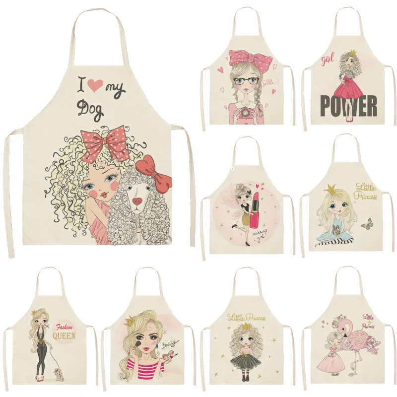 Cute Girl Cotton Linen Sleeveless Apron Printed Kitchen Aprons Women Home Cooking Baking Waist Bib Pinafore 53*65cm WQL0151
