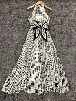 

New 2020 Summer Fashion Long Dress High Quality Women Polka Dot Print Belted Sleeveless Casual Sexy Party Maxi Dress Vestidos
