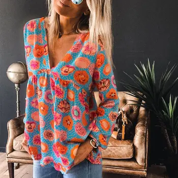 

Women's Floral Printed Long Sleeve Tunic Blouse V-neck Patchwork Ladies Blouses Tops 2020 Spring Autumn Casual Female Blousa