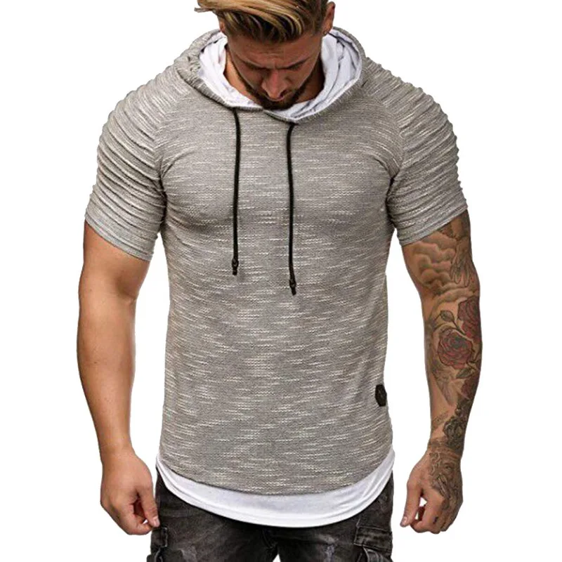 Light Gray-A Мужская футболка с капюшоном, красивая летняя модная футболка с коротким рукавом с капюшоном, Мужская футболка, тонкие топы для фитнеса, Camisa Masculina, большие размеры - Цвет: Light Gray-A