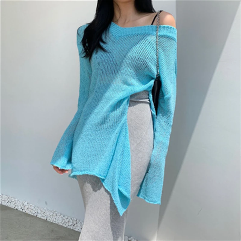 

2020 Ins Korean Style Solid Split Women Pullover Off Shoulder Full Sleeve Female Sweaters Fashion Chic Women's Outfit
