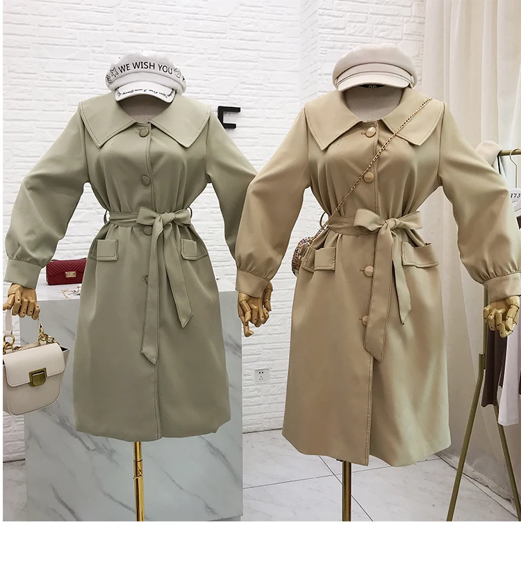 Женское длинное пальто с кукольным воротником, осень, новое корейское модное свободное однобортное пальто со шнуровкой, пальто для женщин