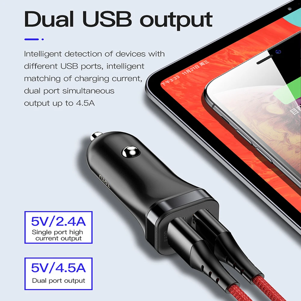 TOTU 3.0 Quick Car USB Phone Charger For iPhone 11 Pro Max Xiaomi Huawei Dual USB Port Fast PD Car Phone Charger Holder