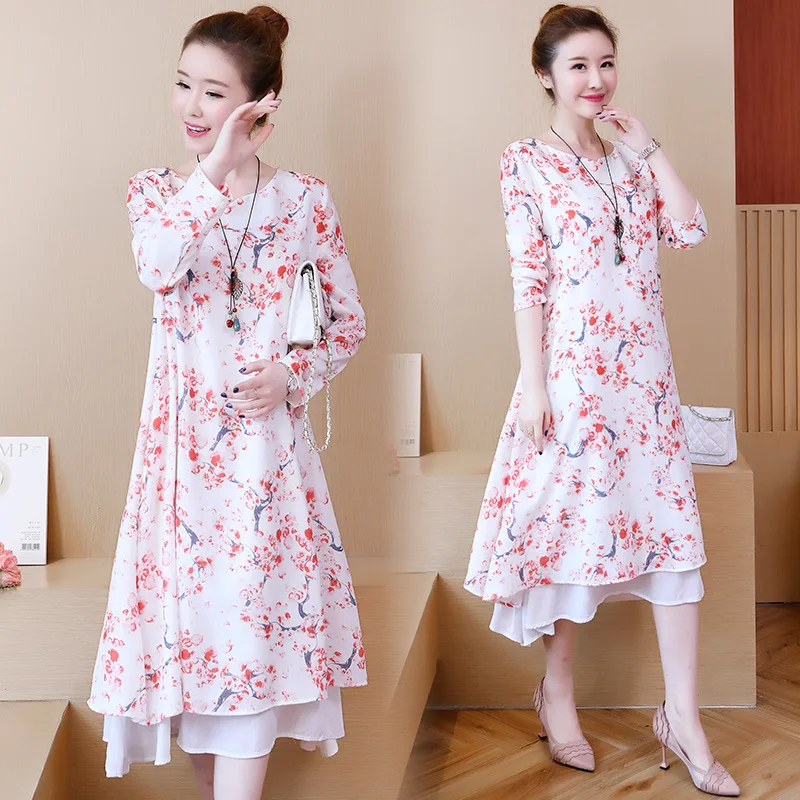 

2018 Autumn New Style Cotton Linen Printed Loose And Plus-sized WOMEN'S Dress Long Sleeve Fat Mm Large Size Dress
