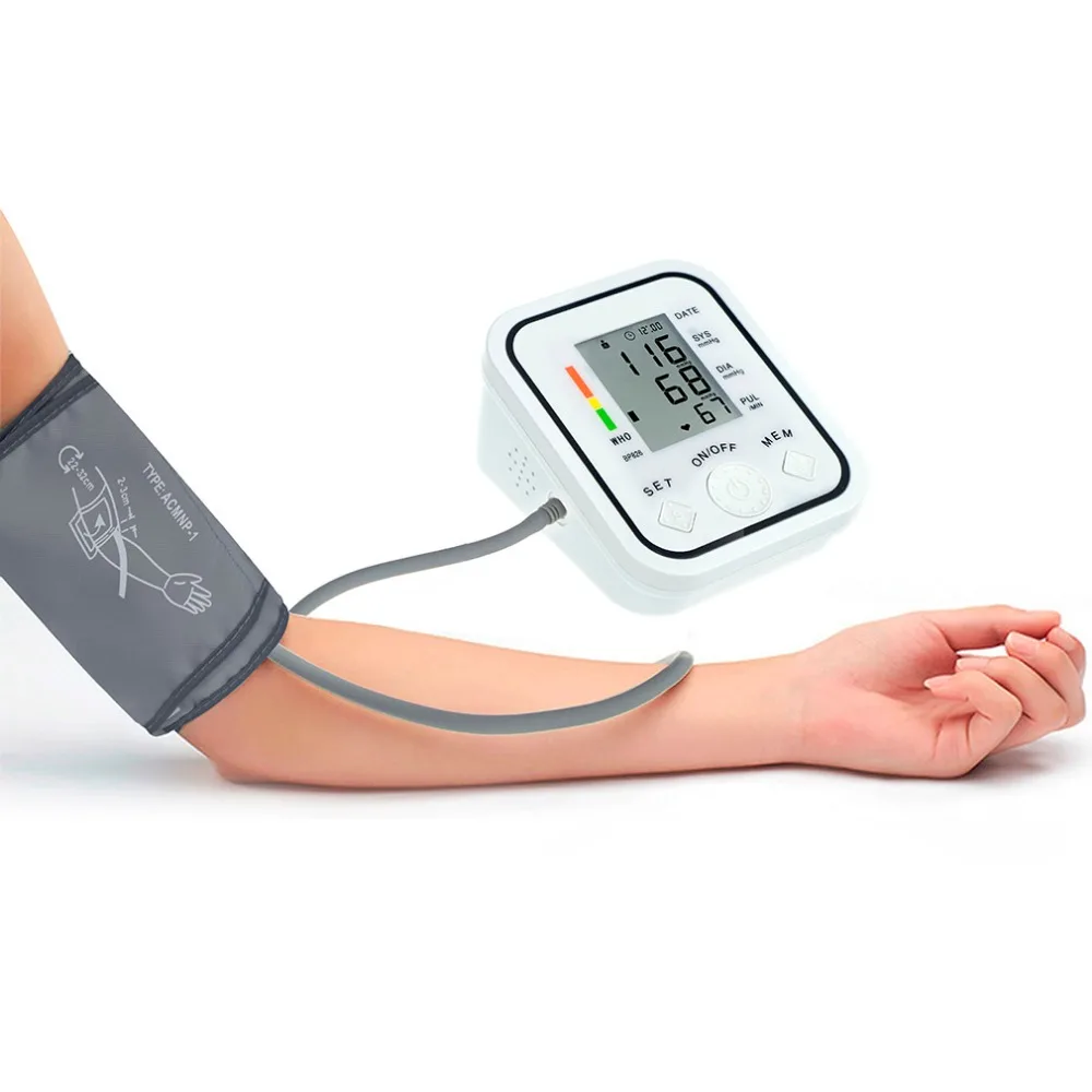 

New LCD Display Digital BP Arm Blood Pressure Monitor Measure Meter Sphygmomanometer Cuff NonVoice White pulse oximeter tonomete