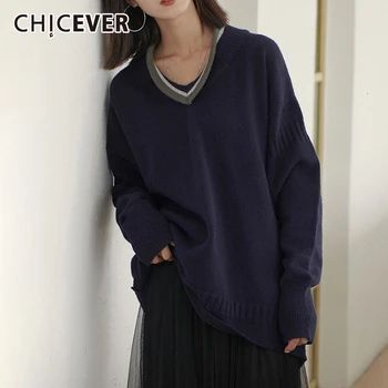 

CHICEVER White Korean Knitted Women's Sweater V Neck Long Sleeve Oversized Pullovers Female 2020 Autumn Fashion New Clothing
