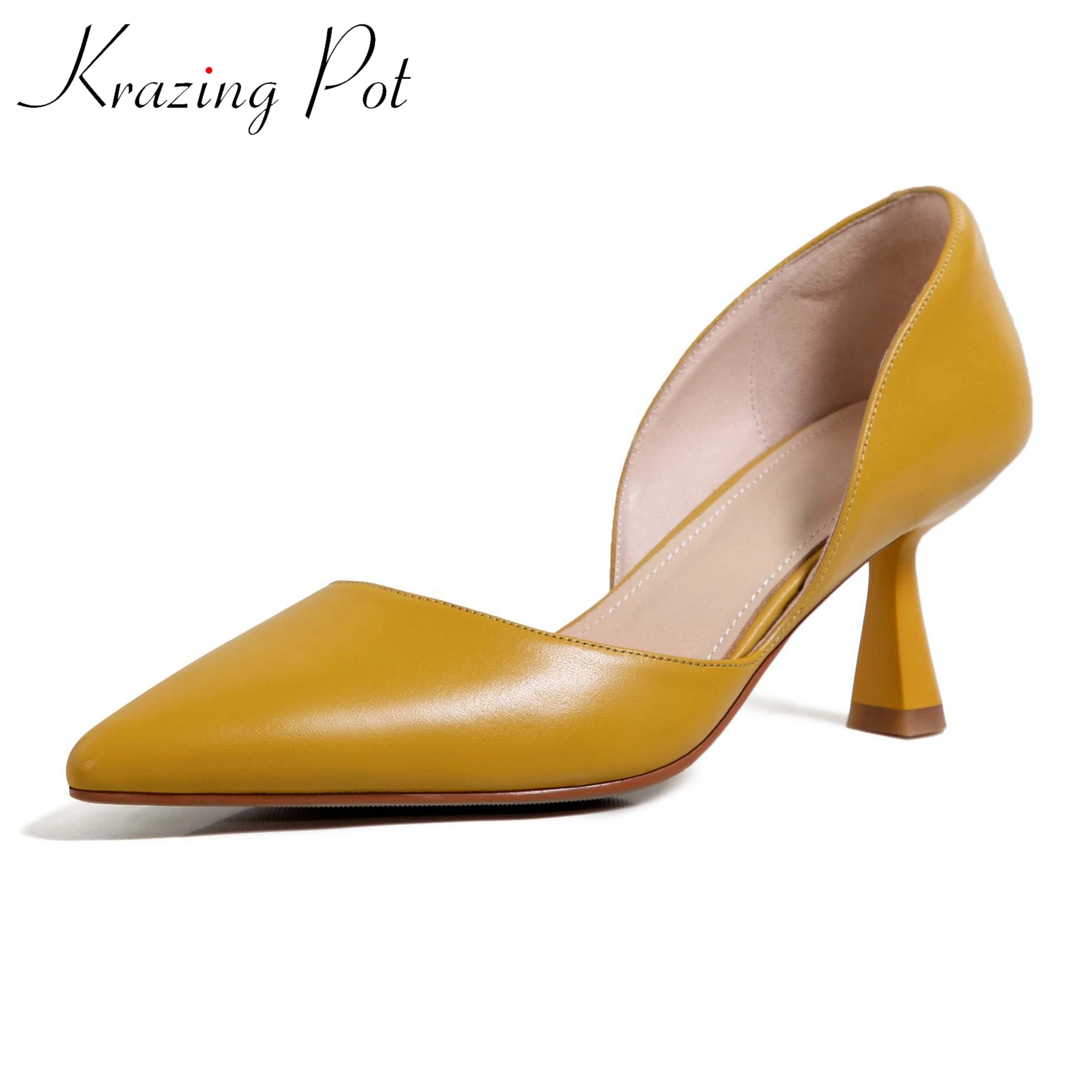 Krazing Pot Full Grain Leather Colorful Pointed Toe Stiletto High Heels Slip On Fashion Shallow Sexy Wedding Wholesale Ins Pumps