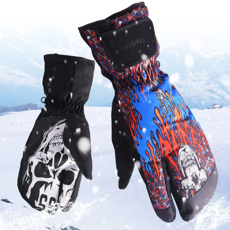 BlueRed Профессиональный перчатки для катания на сноуборде лыжах 3 пальца Водонепроницаемый-30 зимние теплые варежки Лыжный Спорт снегоходные перчатки с принтом «череп» - Цвет: BlueRed